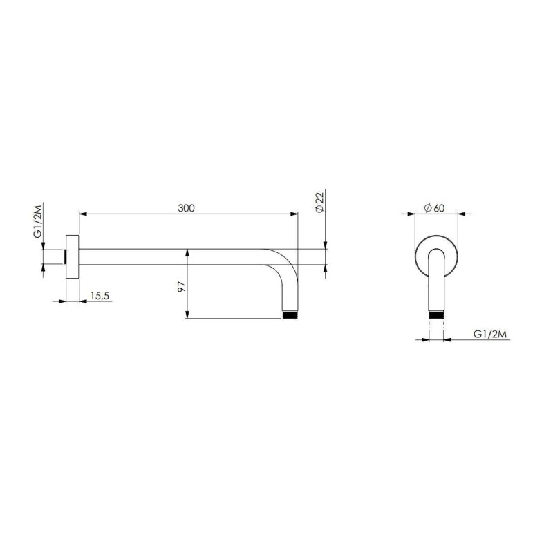 Barras para conjunto ducha Brazo de ducha de latón cromado 300 mm Damast Pegaso 30 12599