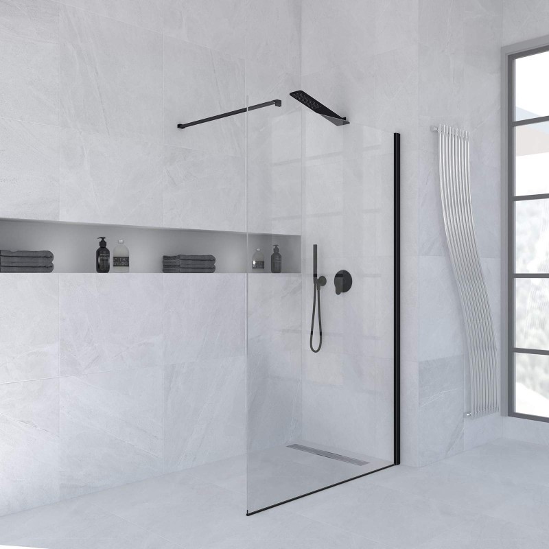 walk in shower box Fixed shower screen 100 cm transparent glass matt black finish Ercos Rex BBREXKWALK0010