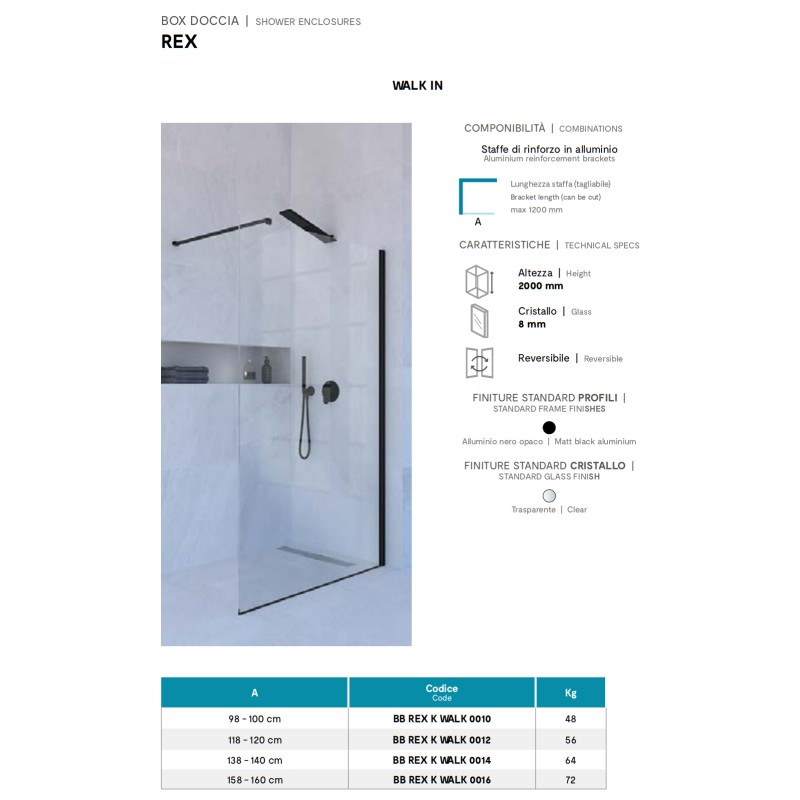 walk in shower box Fixed shower screen 100 cm transparent glass matt black finish Ercos Rex BBREXKWALK0010