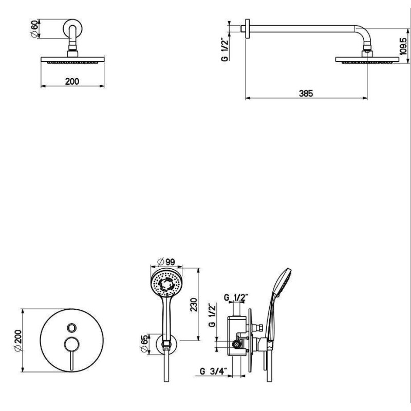 Set Rubinetteria Bagno Set miscelatore lavabo a parete, miscelatore bidet e kit doccia in colore acciaio spazzolato Gattoni Easy