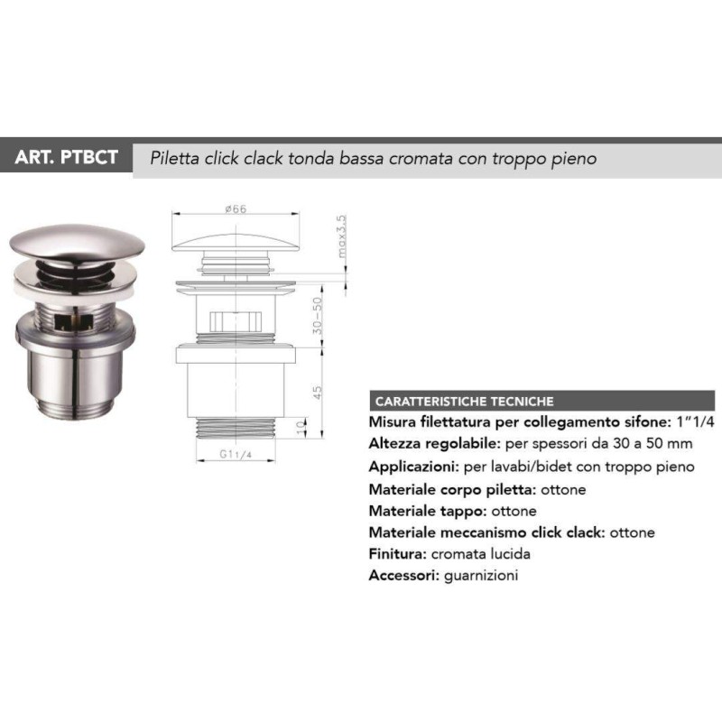 Sifoni Scarichi Pilette Kit sifone e piletta di scarico con troppo pieno Tecom KITSCA5