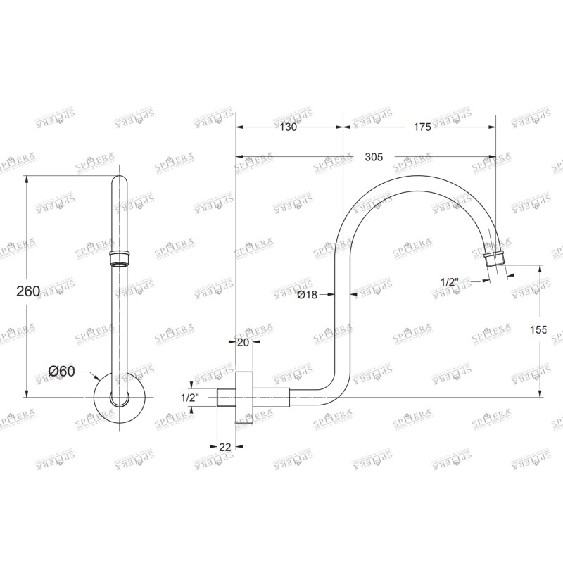 Brackets for shower head Round shower arm in brass gold finish 305 mm Sphera