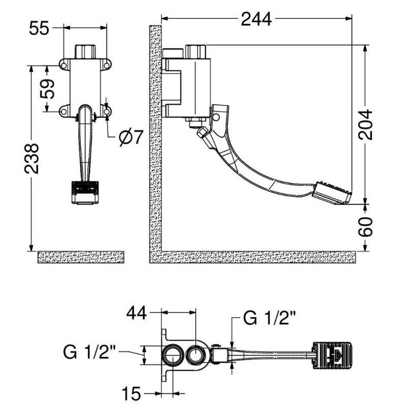 Foot-operated taps Foot tap for wall installation with valve in self-lubricating material Idral 02064