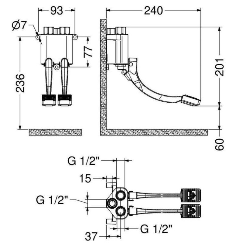 Rubinetti a Pedale Miscelatore a due pedali con installazione a parete e corpo in ottone fuso Idral 02068