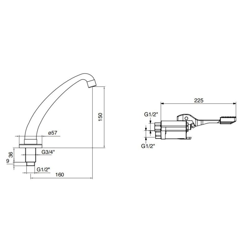 Foot-operated taps Installation kit complete with two-pedal mixer and spout Idral KFL66/25