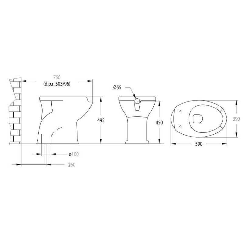 Stand WCs 49 cm hohe Keramikvase für Behinderte mit Frontöffnung Idral Easy 10200-10210