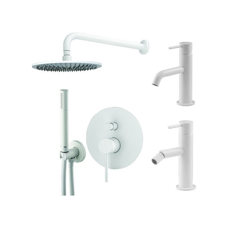 Robinet de salle de bain Ensemble mitigeur lavabo, mitigeur bidet et kit douche en blanc mat Gattoni Easy KITEASYBO4