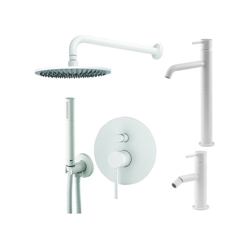 Robinet de salle de bain Ensemble mitigeur lavabo haut, mitigeur bidet et kit douche en blanc mat Gattoni Easy KITEASYBO5