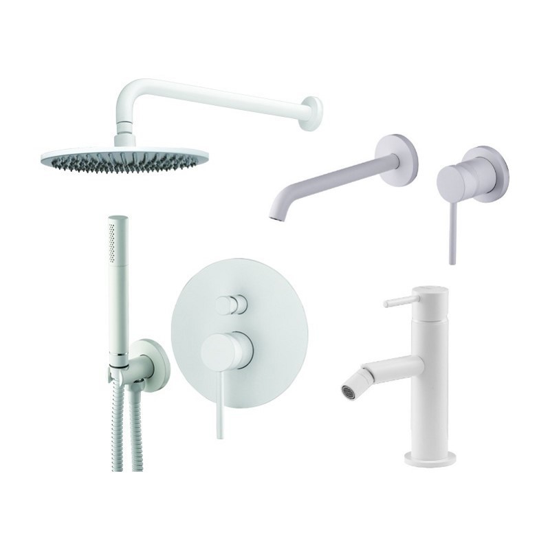 Robinet de salle de bain Ensemble mitigeur lavabo mural, mitigeur bidet et kit douche en blanc mat Gattoni Easy KITEASYBO6