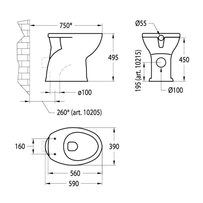 Wc au sol Bol en céramique de 49 cm de haut avec drain 4,5 litres Idral Easy 10205-10215