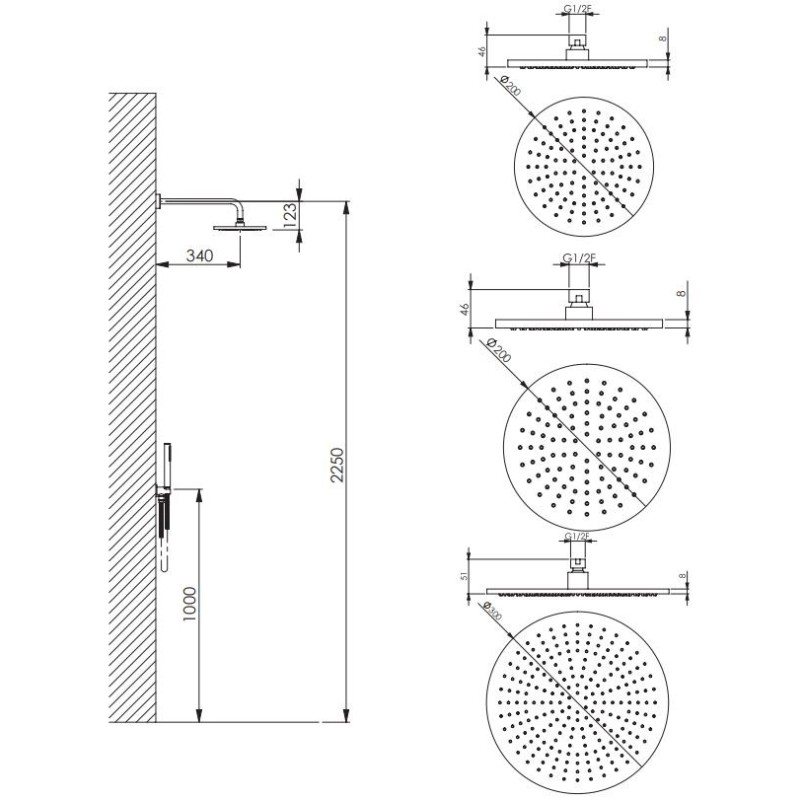 Full Shower Kit Matt black shower kit with shower head Ø200 mm Damast Class 15405