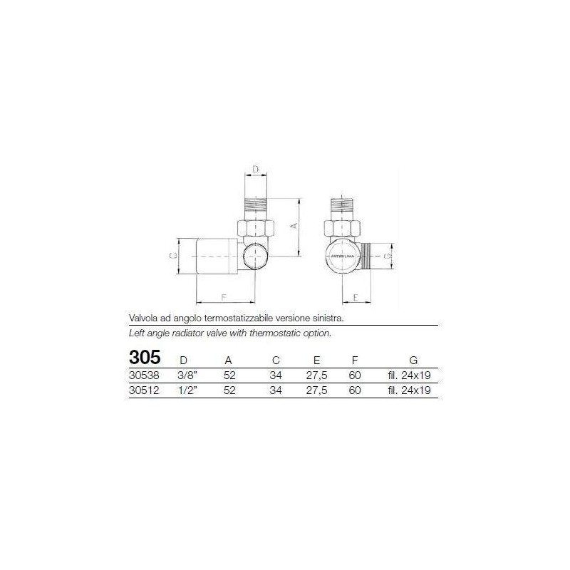 Valves for heated towel rails White thermostatic angle valve Arteclima 38512TW