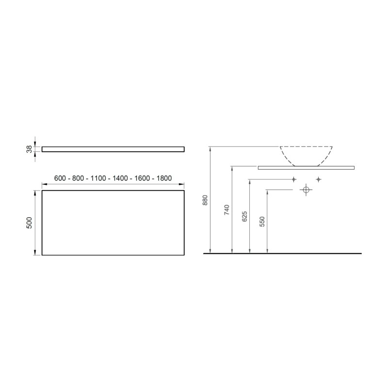 Piani per Lavabo Mensola sospesa 1400 x 500 mm per lavabo da appoggio finitura grigio nuvola Ercos Teo BETEONTOPP1404