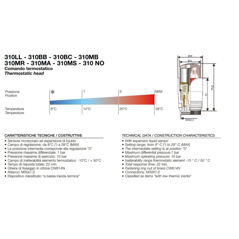 Thermostatic valves for radiators White thermostatic head with built-in sensor Arteclima 310BB