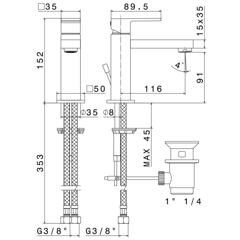 Einhebelmischer Einhebel-Waschtischmischer mit 1"1/4 Uberlaufgarnitur Newform Ergo-Q 66410