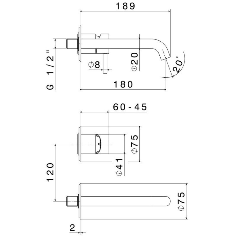 Grifo lavabo de pared Mezclador de lavabo de pared con caño de 190 mm de largo Newform X-STEEL 69628EX