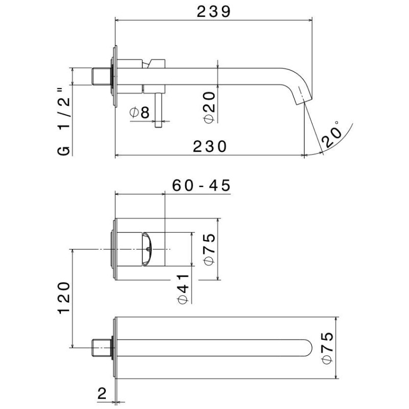 Grifo lavabo de pared Mezclador de lavabo de pared sin desague con caño de 239 mm Newform X-STEEL 69630EX