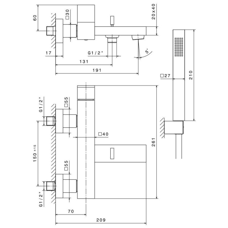 Single Lever Bathtub taps External bath mixer with wall shower support Newform Ergo-Q 66440C