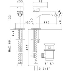 Single lever bidet taps 122 mm high bidet mixer with 1"1/4 pop-up waste Newform Linfa II 69425