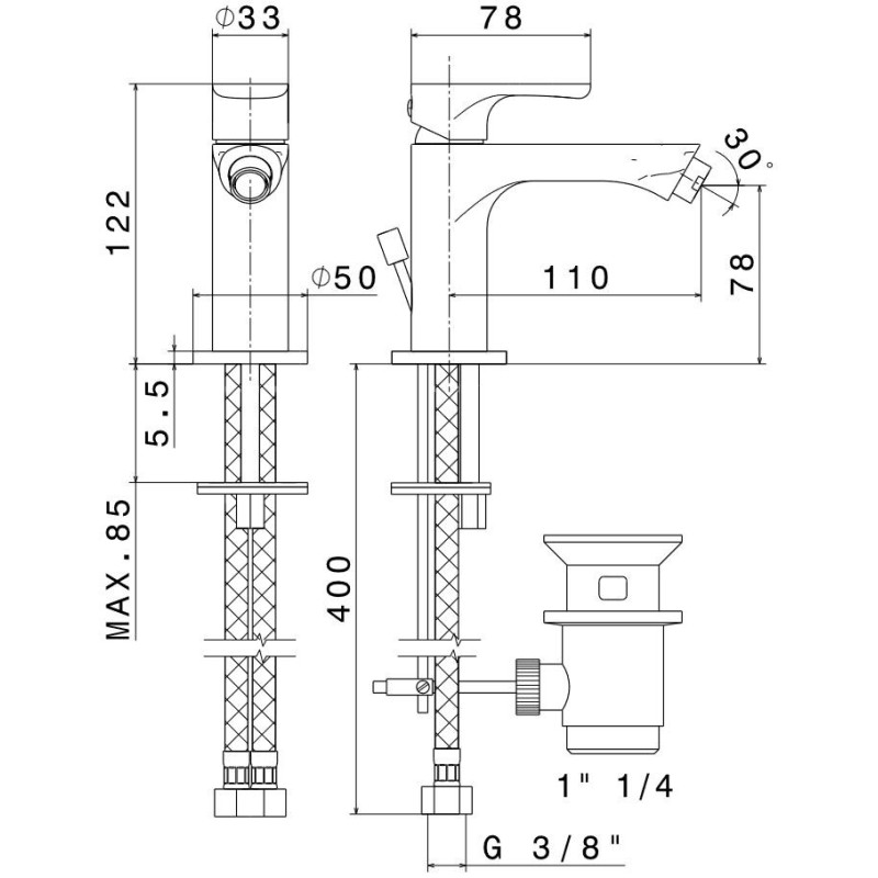 Single lever bidet taps 122 mm high bidet mixer with 1"1/4 pop-up waste Newform Linfa II 69425