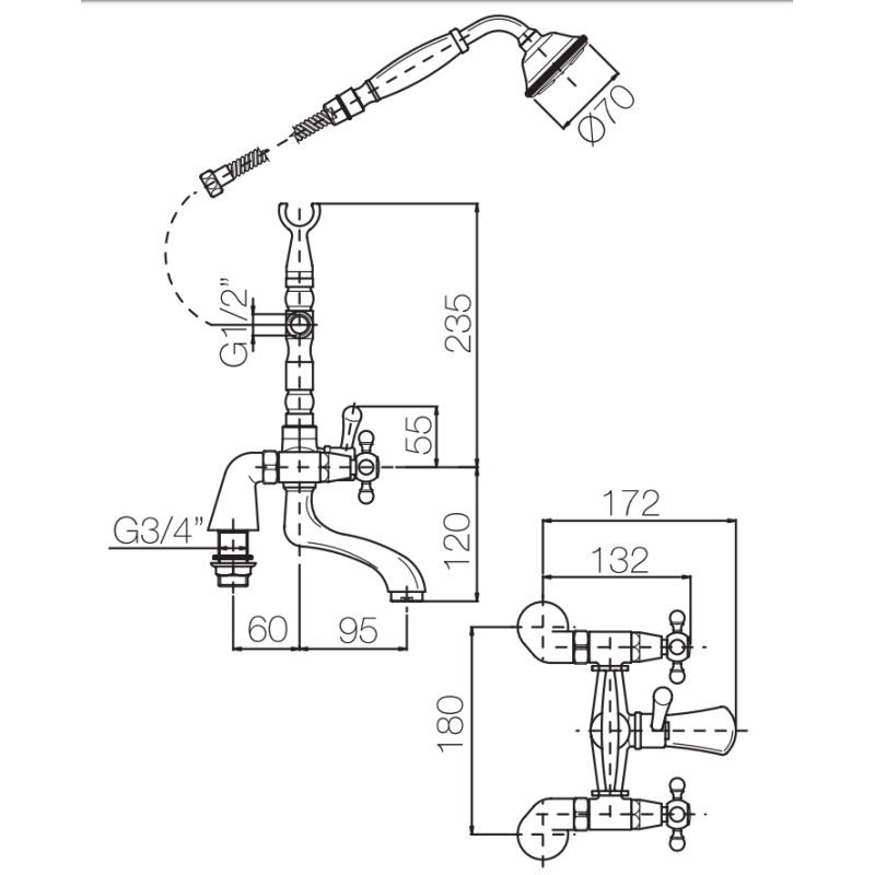 bath mixer two handle Bronze-coloured tap group for installation on the edge of the bathtub Porta&Bini Old Fashion 62502BR