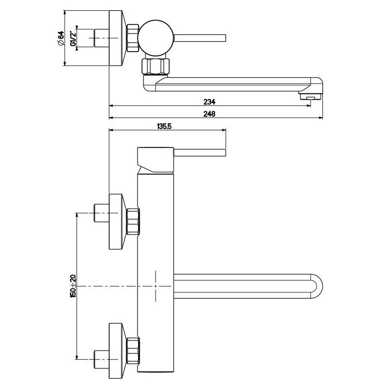 Wall-mounted kitchen taps Wall-mounted kitchen sink mixer in chrome color Gattoni 1460/14C0