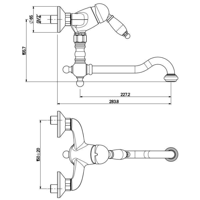 Wall-mounted kitchen taps Wall mounted kitchen sink mixer with adjustable spout matt black Gattoni Orta Old 2762/27N0.OLD