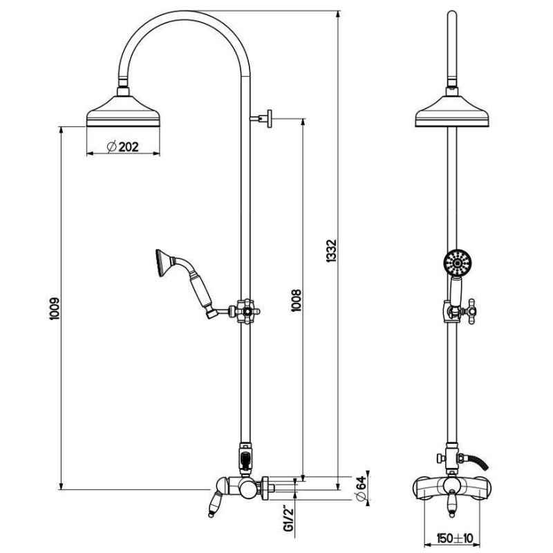 Columnas de ducha con mezclador Columna de ducha de latón cromado con desviador y rociador de Ø202 mm Gattoni Orta Old KT125/27C