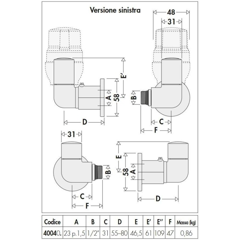 Vannes pour sèche-serviettes Paire de robinets high-style double équerre Caleffi 4003-4004