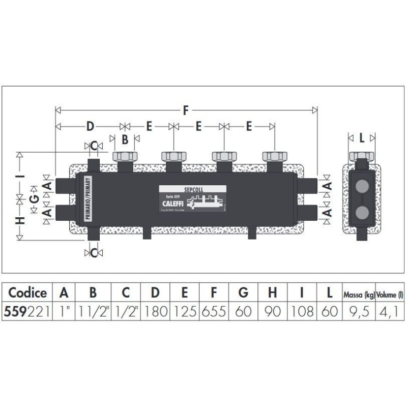 Deaerator Hydraulic separator-manifold complete with fixing brackets SEPCOLL 2+1 Caleffi 559221