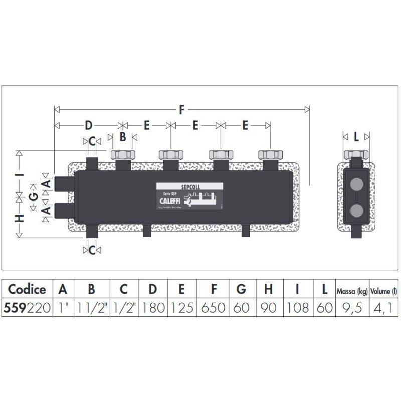 Deaerator Hydraulic separator-manifold with steel body SEPCOLL 2 Caleffi 559220