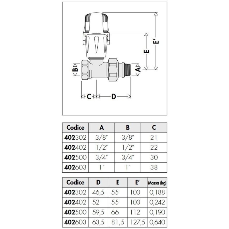 Radiator bearer Thermostatic valve for thermostatic and electrothermal controls Caleffi 402