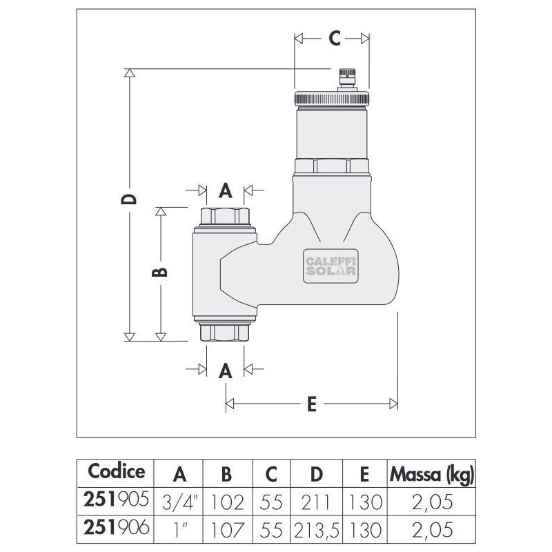 Componenti per impianti fotovoltaici Disaeratore per tubiazioni verticali per impianti solari Caleffi 251905-251906