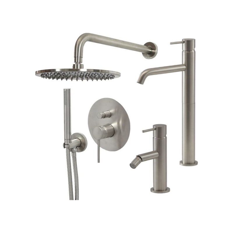 Robinet de salle de bain Ensemble mitigeur lavabo haut, mitigeur bidet et kit douche en couleur acier brossé Gattoni Easy KITEAS