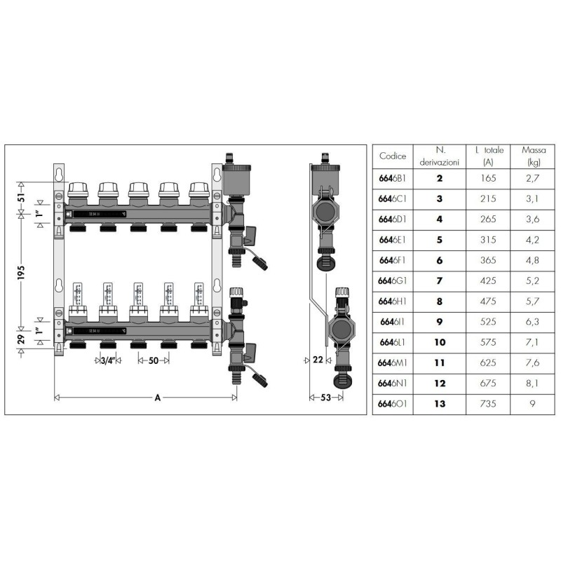 Collectors Pre-assembled manifold with 1" connection Caleffi 6646