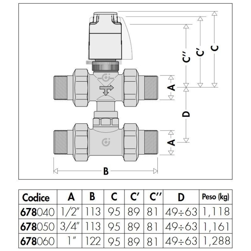 Zone valve Three-way zone valve with by-pass tee Caleffi 678