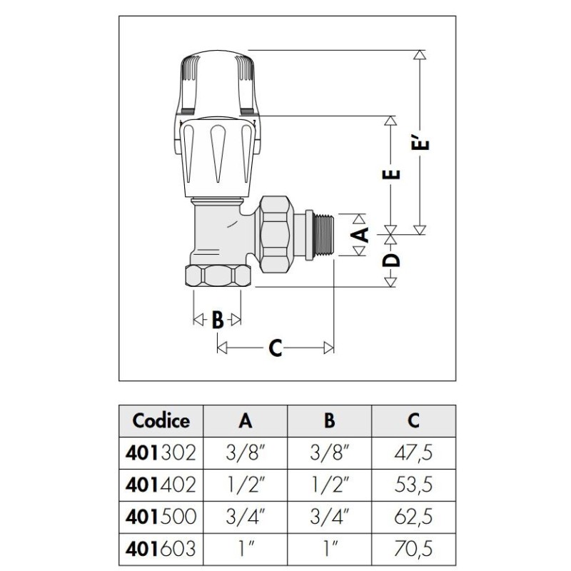 Radiator bearer Thermostatic valve with angled connections Caleffi 401