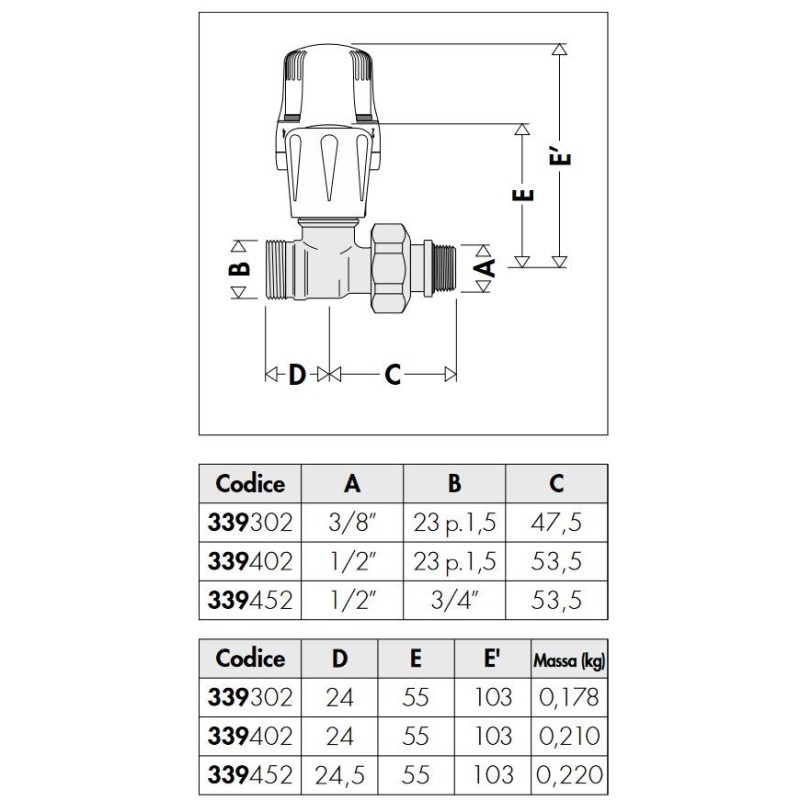 Radiator bearer Thermostatic valve with straight connections Caleffi 339