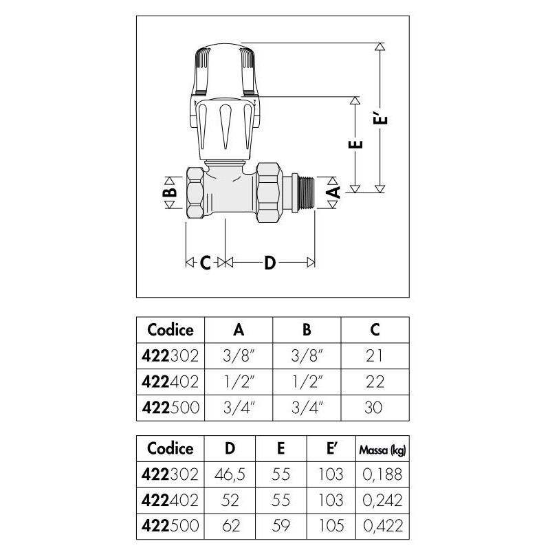 Radiator bearer Thermostatic valve with pre-regulation Caleffi 422