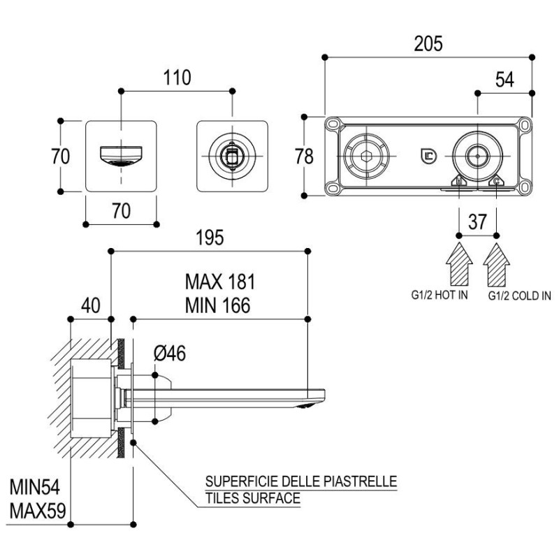 Rubinetti lavabo a parete Miscelatore lavabo a parete con due piastre Ritmonio Haptic PR43AY201CRL-PR43AY202CRL