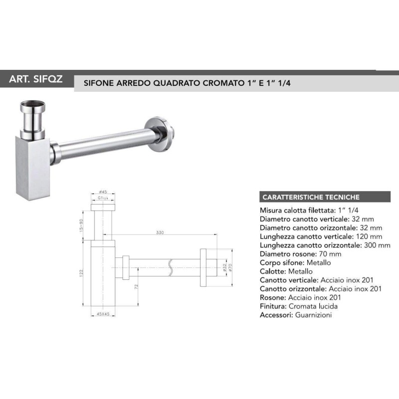 Siphon, Ausgüsse und Abflüsse Siphon und Ablauf aus verchromtem Messing, quadratisches Modell Tecom KITSCA8