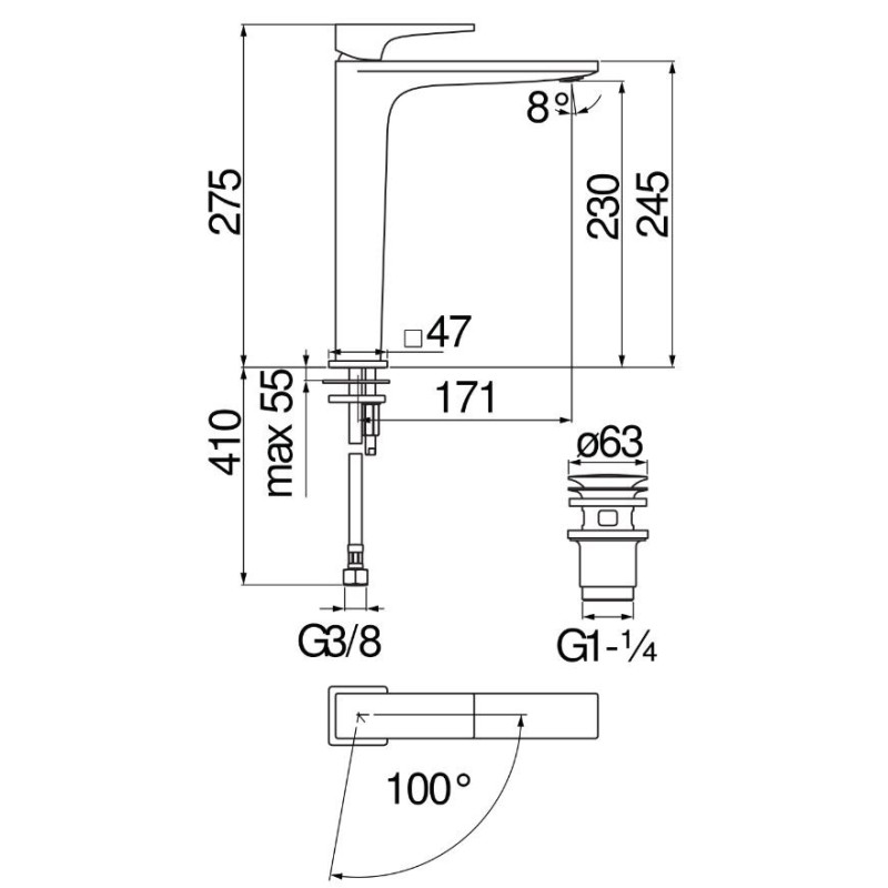 Grifos de lavabo palangana Mezclador de lavabo alto para lavabo cromado Nobili Seven SEE124128/2CR