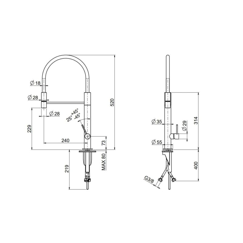 Spiralfeder Küchenarmaturen Ausziehbarer Einstrahl-Brausemischer für Küchenspüle Quadro srl INOX QD398AS