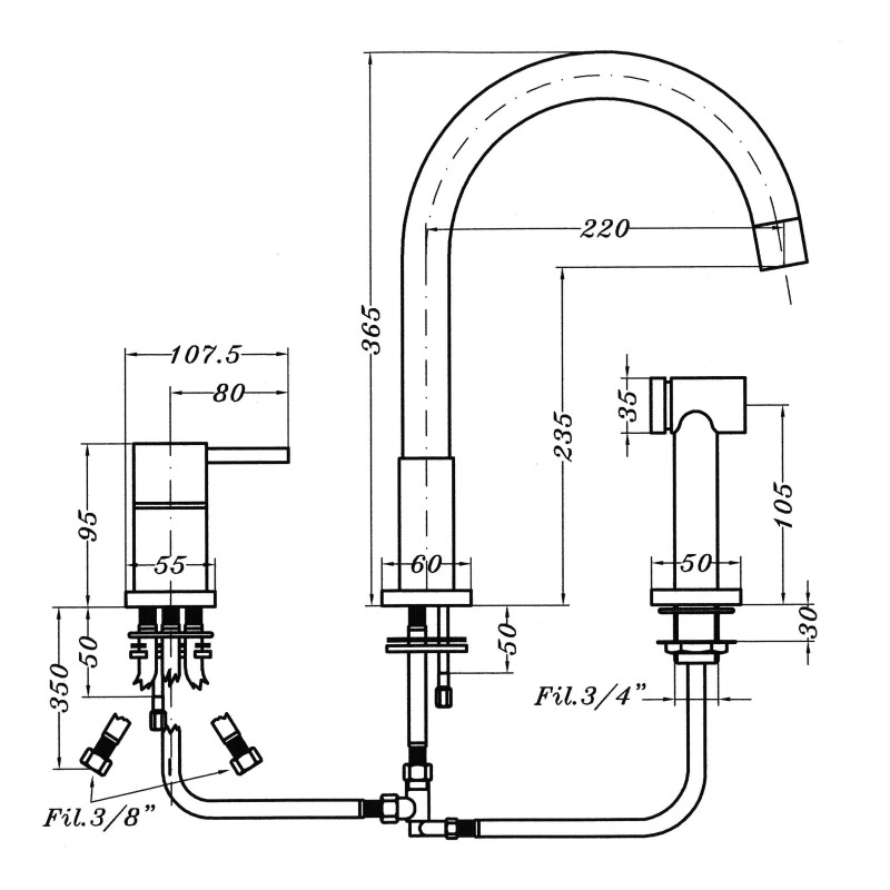 Küchenarmaturen mit Brause 3-Loch Spültischmischer mit ausziehbarer Dusche Gioira&Redi Web 449