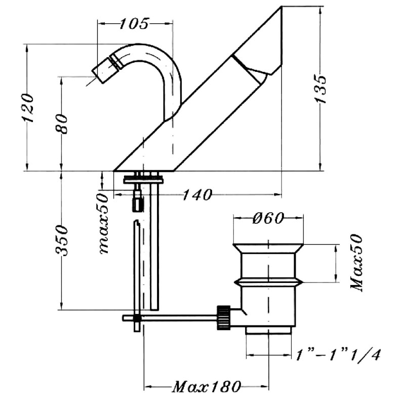 Grifos bidé monomando Mezclador de bidé de 135 mm de altura en latón cromado Gioira&Redi Bond 932