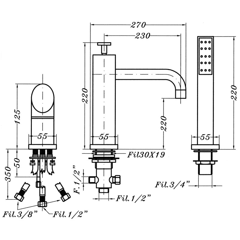 Pool-side taps and fittings 3-hole bath-tub mixer with pull-out shower Gioira&Redi Bond 933