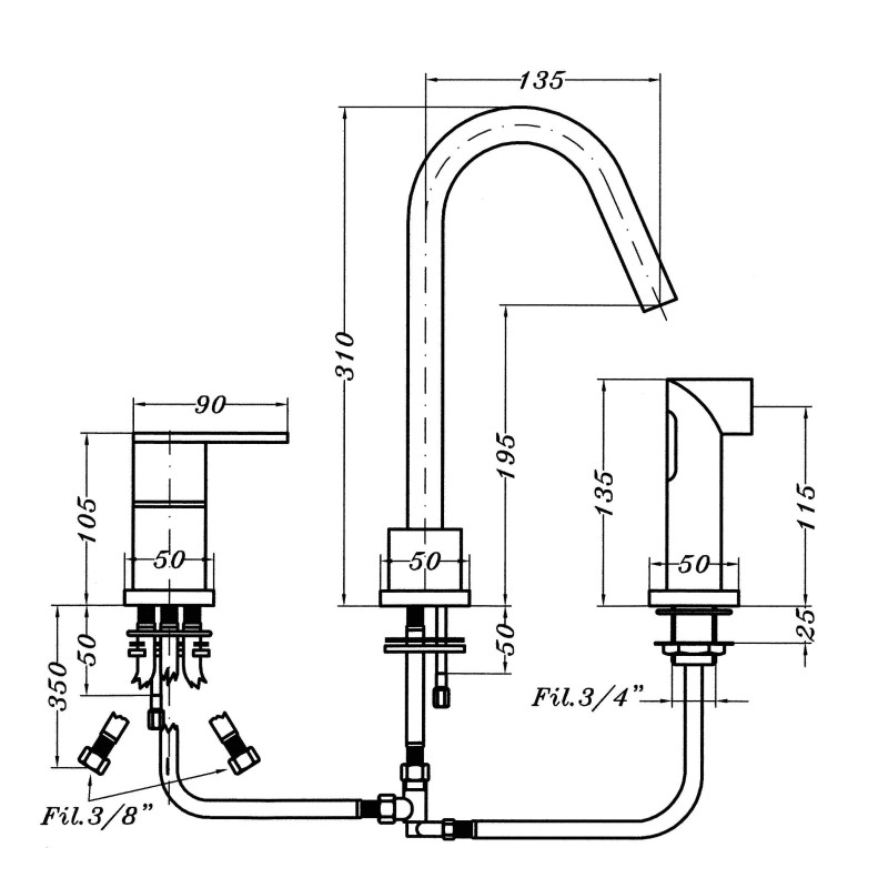 Kitchen taps with shower head Three-hole kitchen mixer with pull-out shower Gioira&Redi Cubik 920