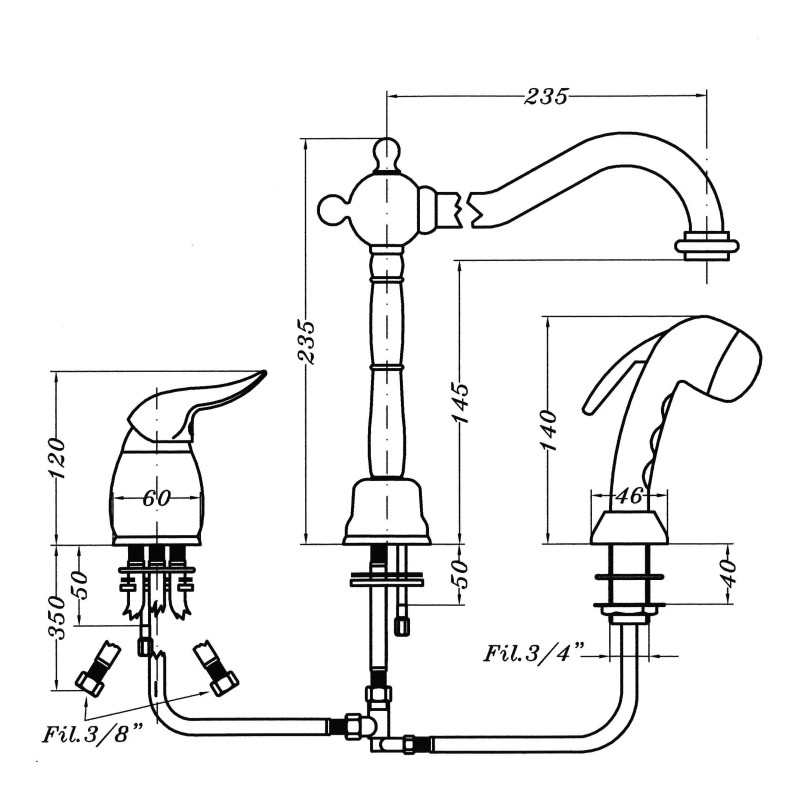 Kitchen taps with shower head 3-hole kitchen sink mixer with 235 mm long spout Gioira&Redi Retrò 611