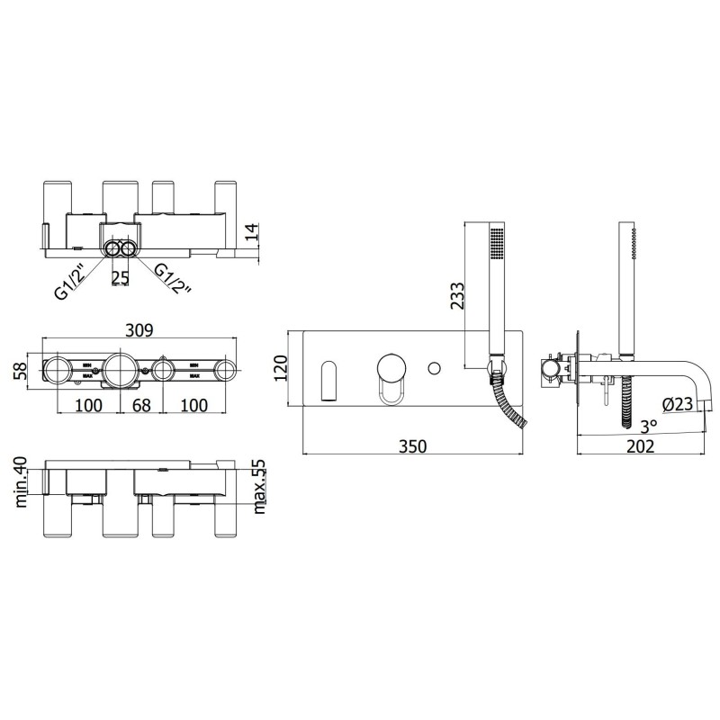 Einhebel Wannenarmaturen Wand-Wannenmischer mit 2 Ausläufen und 202 mm langem Auslauf Paffoni Joker JK001CR