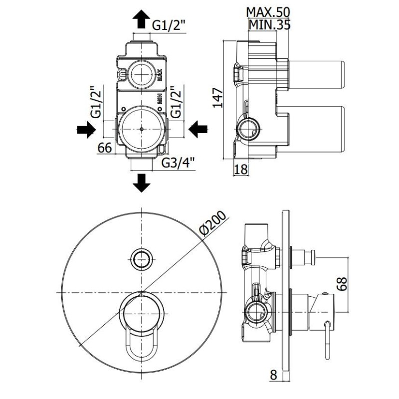 Unterputz Duscharmaturen Brause-Einbaumischer mit Druckknopfumstellung Paffoni Joker JK015CR